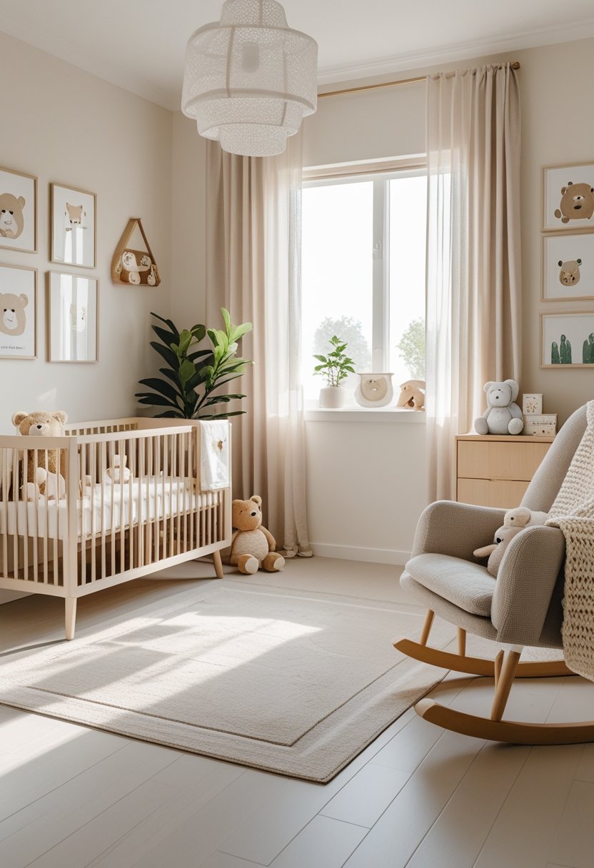 A baby boy nursery with a crib, teddy bear toys, rocking chair, changing table, and soft natural lighting.